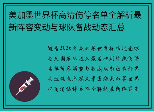 美加墨世界杯高清伤停名单全解析最新阵容变动与球队备战动态汇总 美加墨世界杯高清伤停名单全解析最新阵容变动与球队备战动态汇总